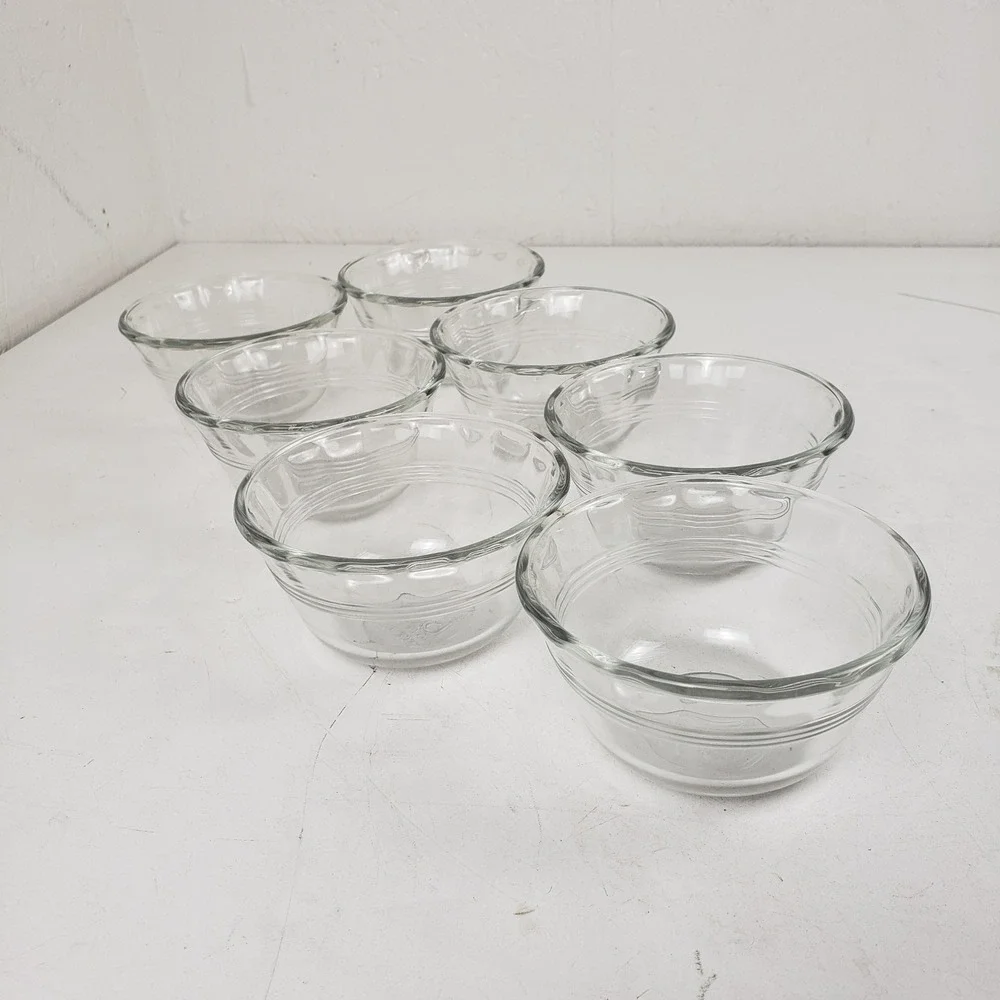 Pyrex 463 Clear Glass Custard Cups Ramekins 6oz 175ml Set of 7 Ribbed Scalloped